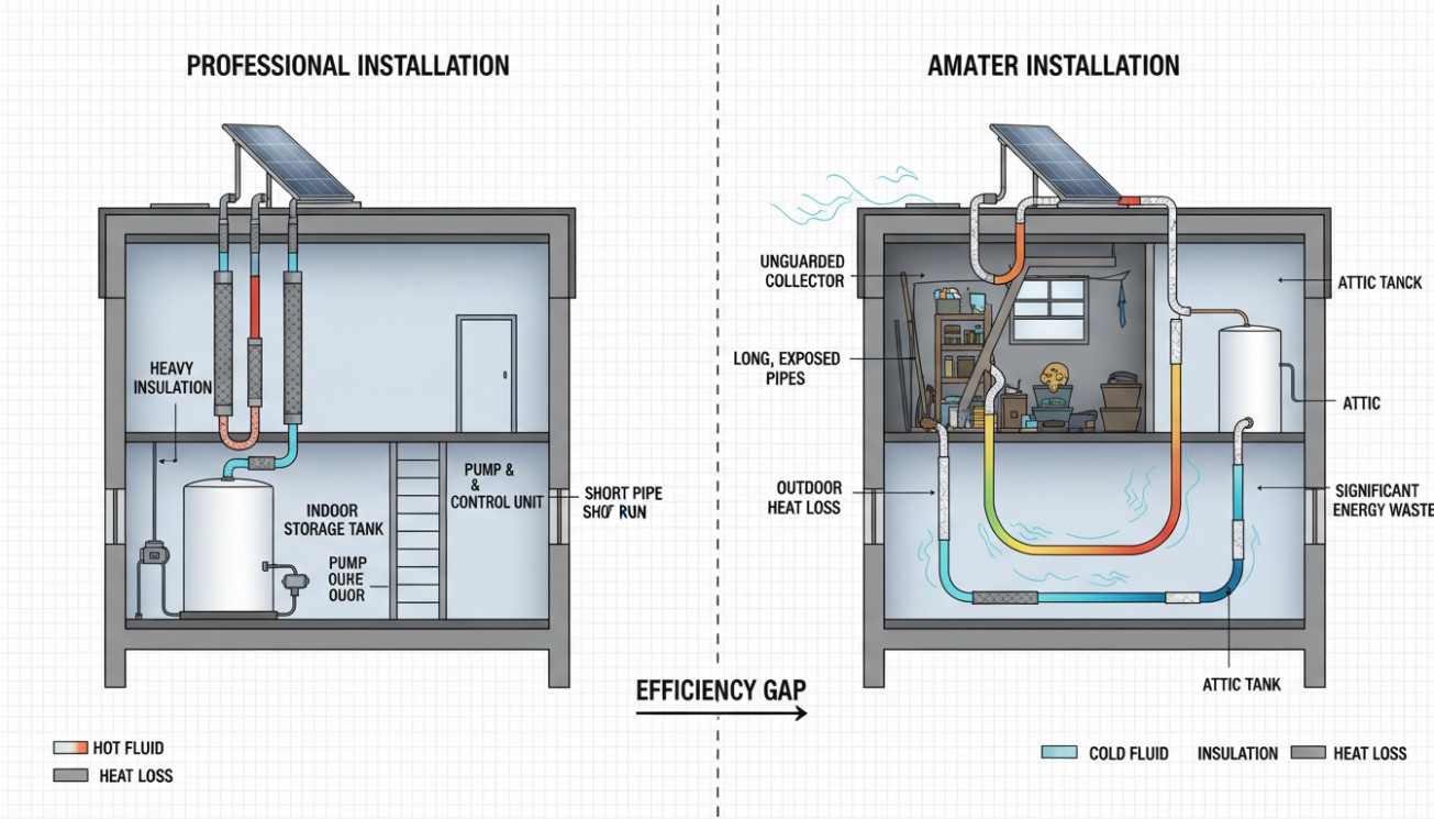 Professional versus amateur solar water heater installation comparison showing short insulated pipe runs, indoor storage tank, pump control unit, exposed pipes, attic tank, heat loss, and energy waste